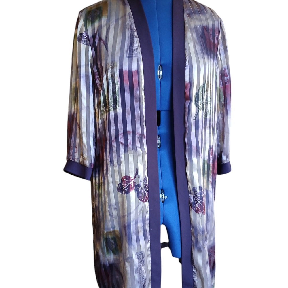 Chic Sheer Striped Kimono with Purple Trim